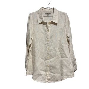 Flax Women's Button-Up‎ Shirt Beige Small Long Sleeve Collared Oversized Linen